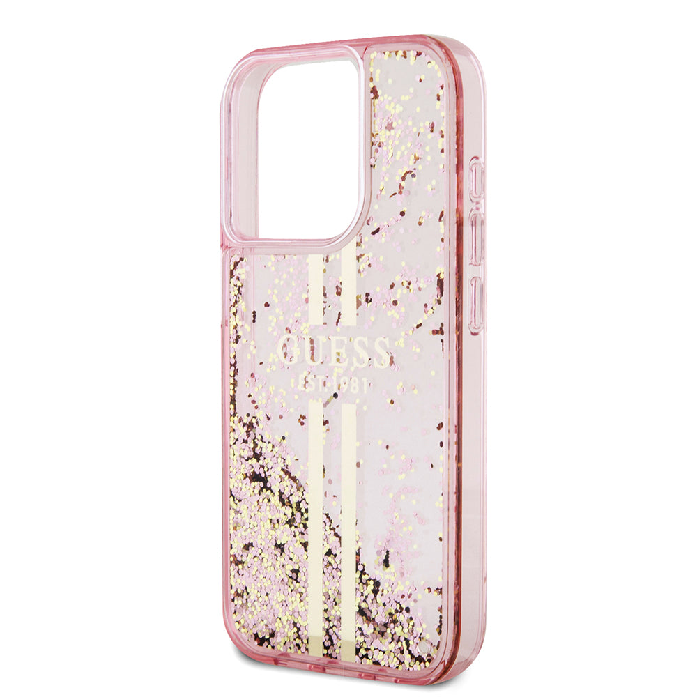 Kotelo Apple iPhone 15 Prolle, Guess, Liquid Glitter Gold Stripes, Pinkki