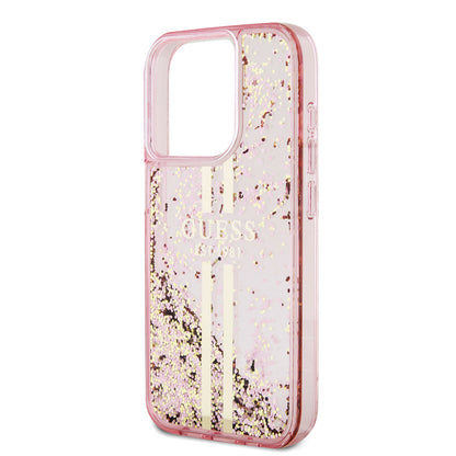 Kotelo Apple iPhone 15 Prolle, Guess, Liquid Glitter Gold Stripes, Pinkki