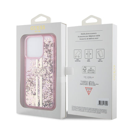 Kotelo Apple iPhone 15 Prolle, Guess, Liquid Glitter Gold Stripes, Pinkki