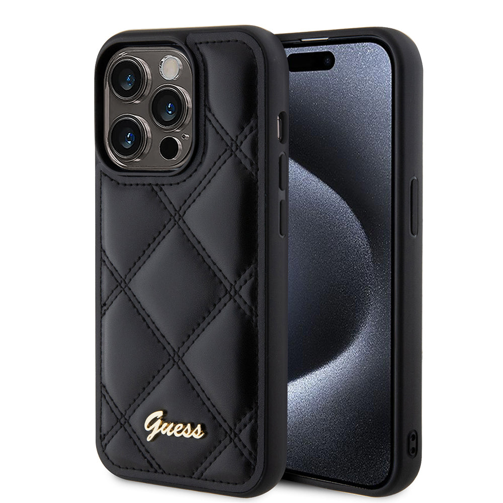 Kotelo Apple iPhone 15 Prolle, Guess, Quilted Metal Logo, Musta