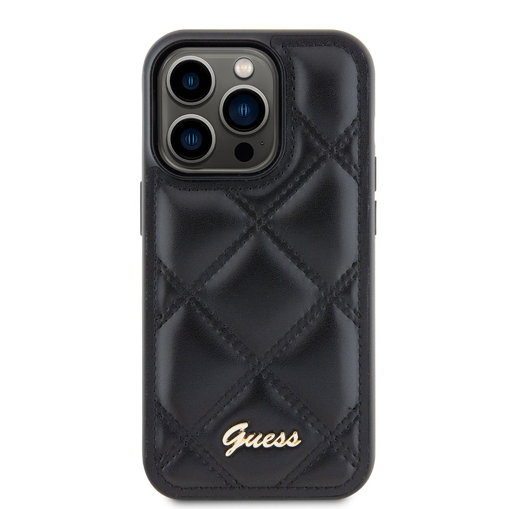 Kotelo Apple iPhone 15 Prolle, Guess, Quilted Metal Logo, Musta
