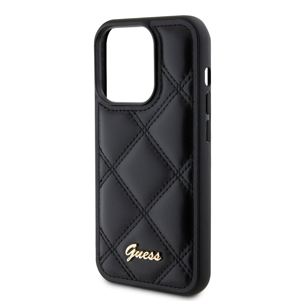 Kotelo Apple iPhone 15 Prolle, Guess, Quilted Metal Logo, Musta