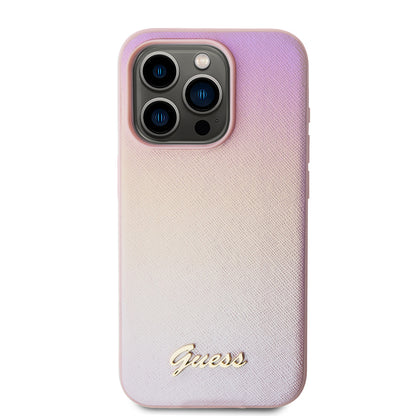 Kotelo Apple iPhone 15 Prolle, Guess, Saffiano Iridescent Script, Pinkki