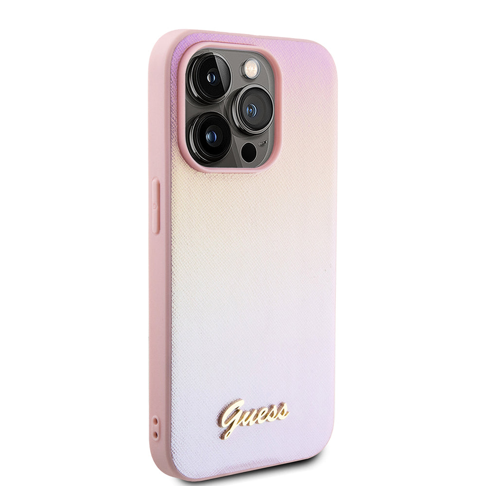 Kotelo Apple iPhone 15 Prolle, Guess, Saffiano Iridescent Script, Pinkki