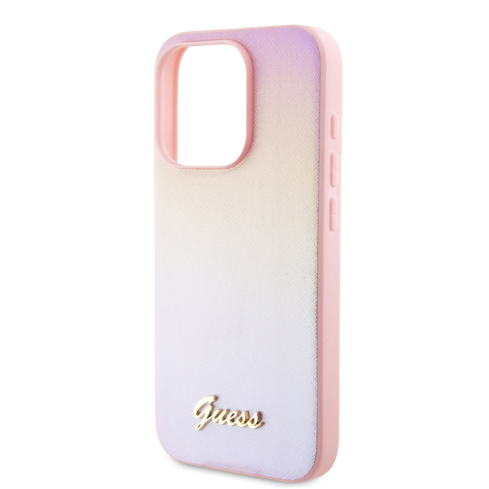 Kotelo Apple iPhone 15 Prolle, Guess, Saffiano Iridescent Script, Pinkki