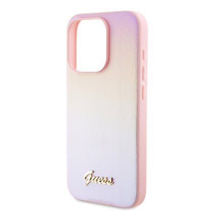 Kotelo Apple iPhone 15 Prolle, Guess, Saffiano Iridescent Script, Pinkki