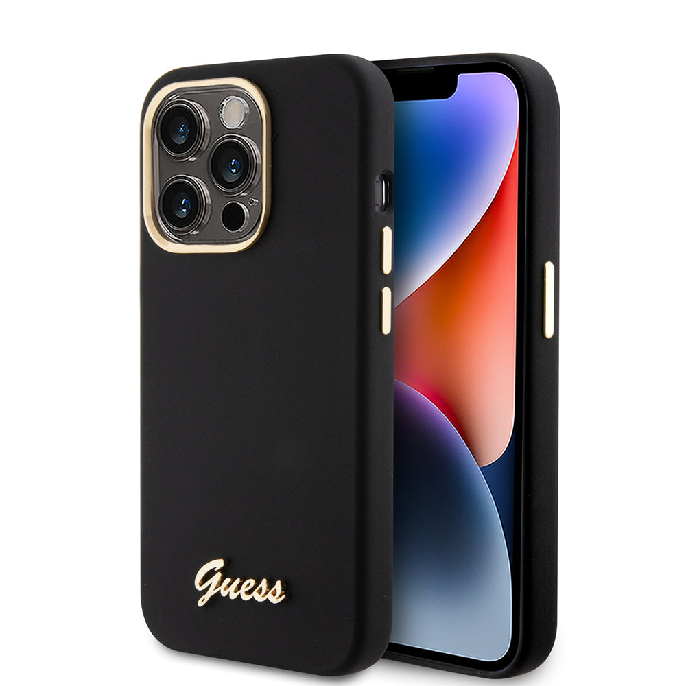 Kotelo Apple iPhone 15 Prolle, Guess, Script Metal Logo & Frame, Musta