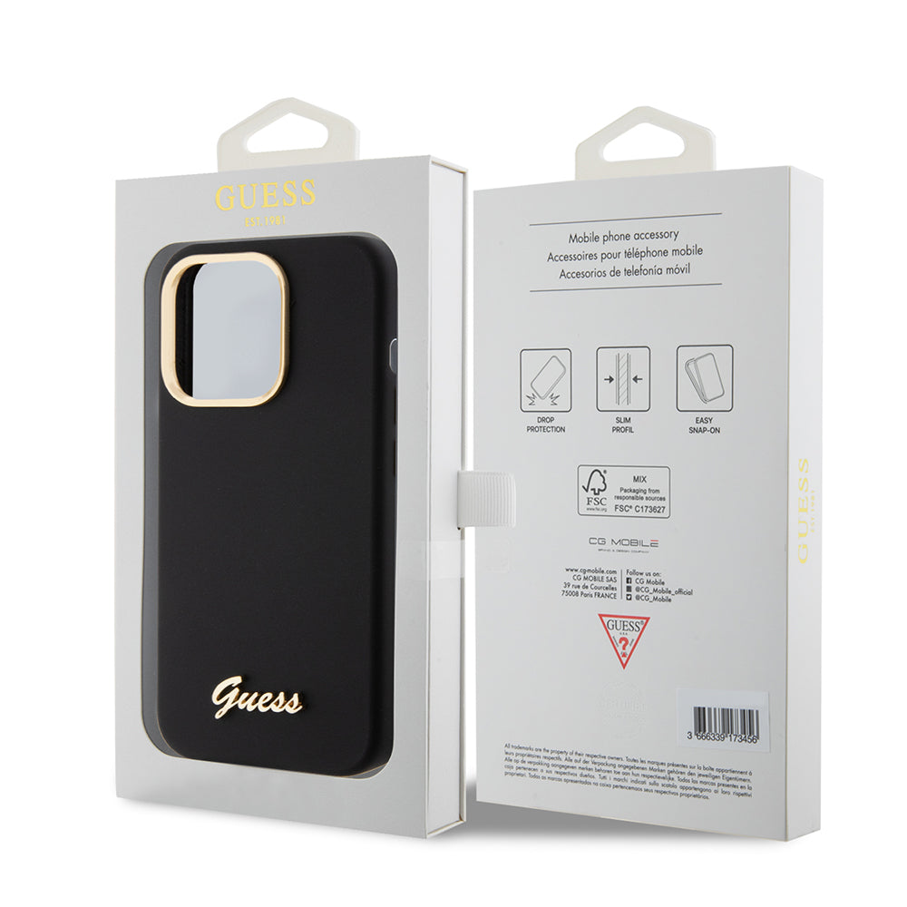 Kotelo Apple iPhone 15 Prolle, Guess, Script Metal Logo & Frame, Musta
