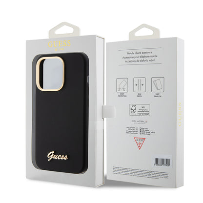 Kotelo Apple iPhone 15 Prolle, Guess, Script Metal Logo & Frame, Musta