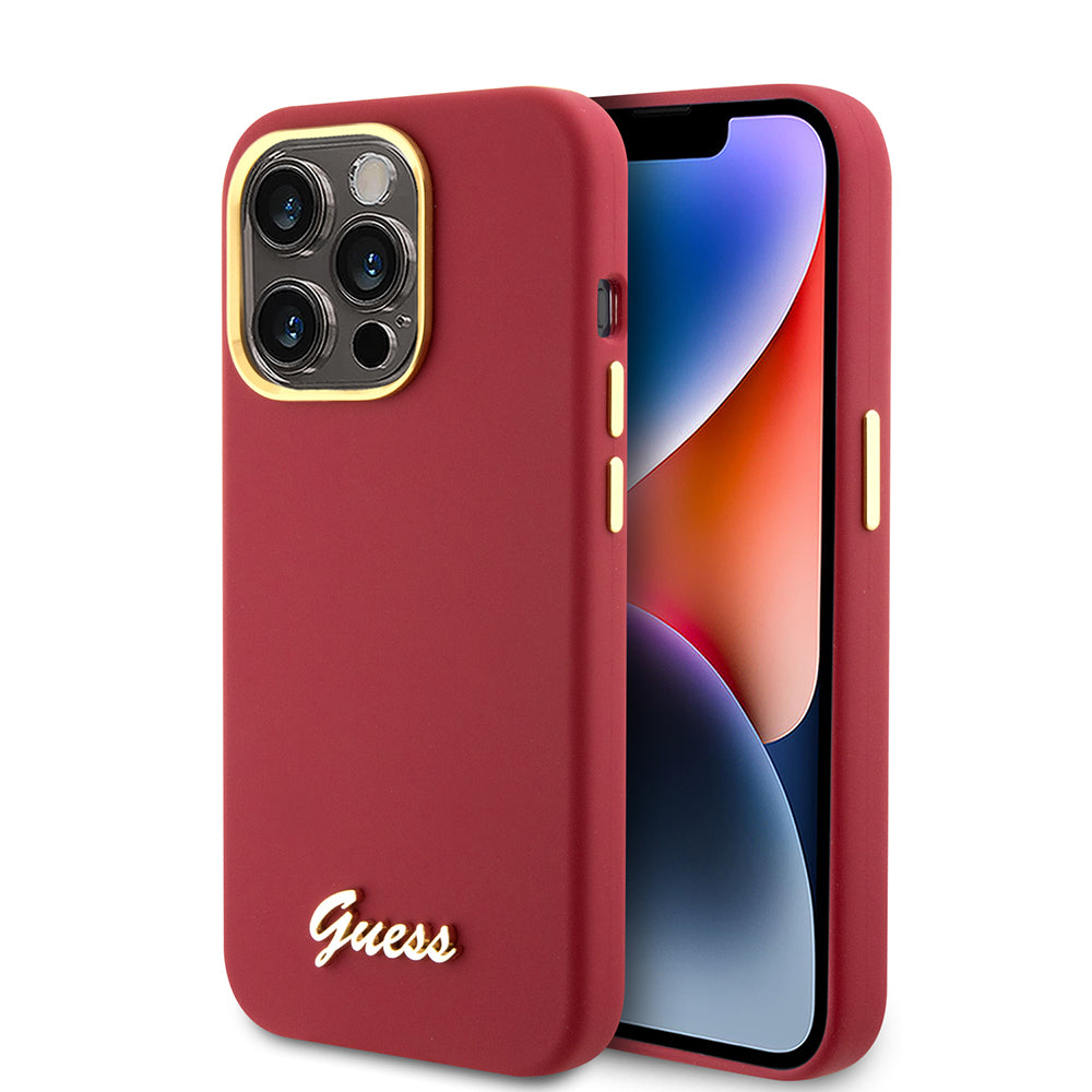 Kotelo Apple iPhone 15 Prolle, Guess, Script Metal Logo & Frame, Punainen
