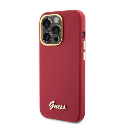 Kotelo Apple iPhone 15 Prolle, Guess, Script Metal Logo & Frame, Punainen