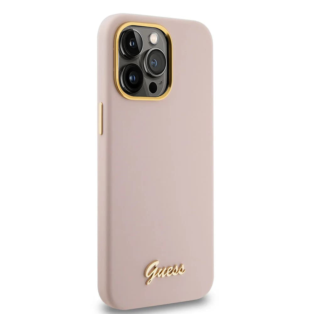 Suojakotelo Apple iPhone 15 Prolle, Guess, Script Metal Logo & Frame, Vaaleanpunainen