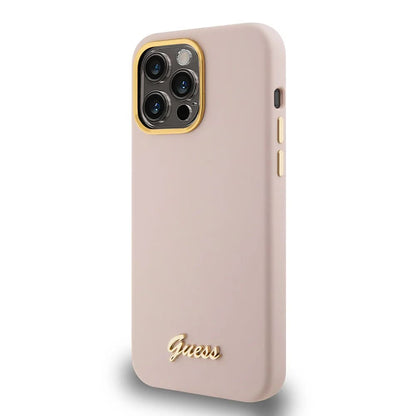 Suojakotelo Apple iPhone 15 Prolle, Guess, Script Metal Logo & Frame, Vaaleanpunainen