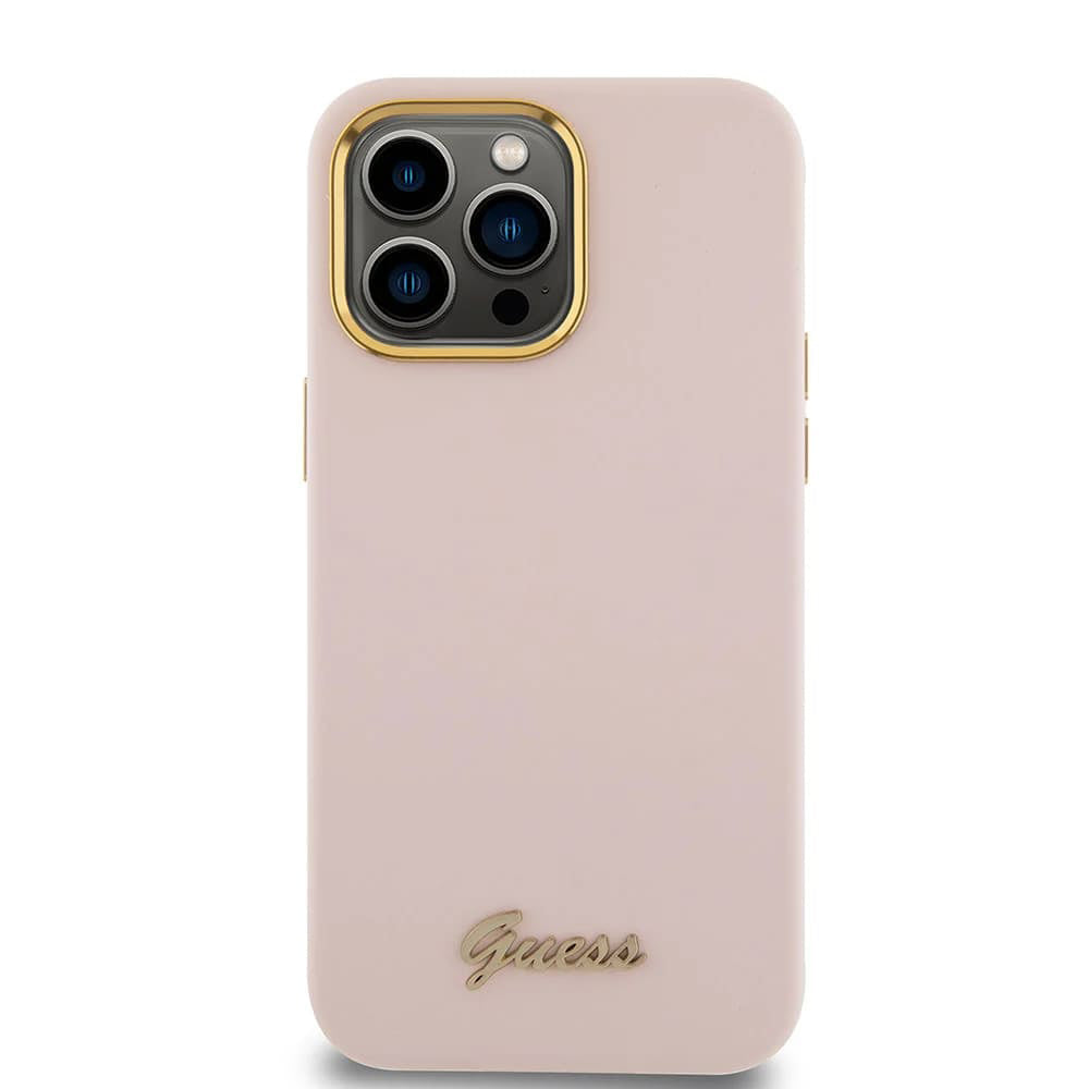 Suojakotelo Apple iPhone 15 Prolle, Guess, Script Metal Logo & Frame, Vaaleanpunainen