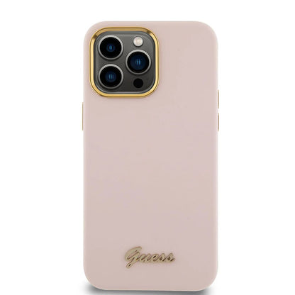Suojakotelo Apple iPhone 15 Prolle, Guess, Script Metal Logo & Frame, Vaaleanpunainen
