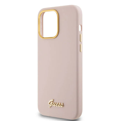 Suojakotelo Apple iPhone 15 Prolle, Guess, Script Metal Logo & Frame, Vaaleanpunainen