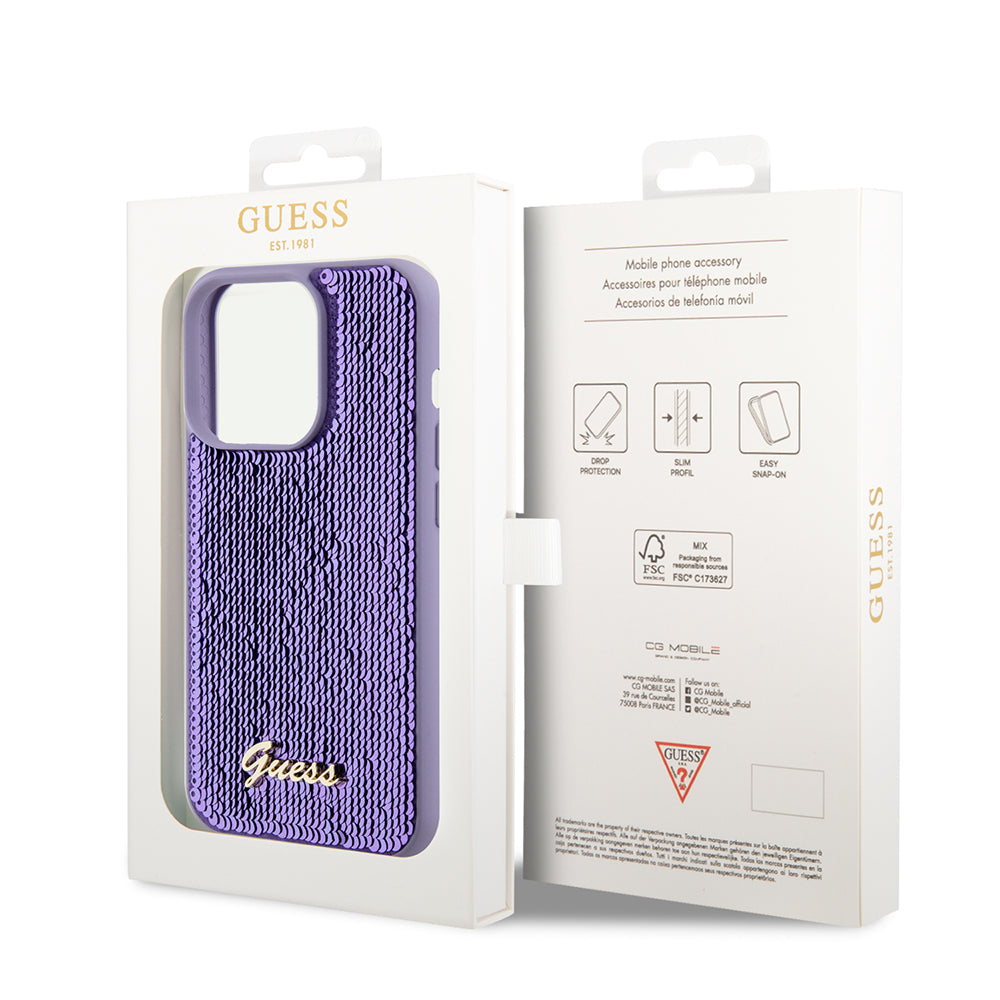 Case for Apple iPhone 15 Pro, Guess, Sequin Script Metal, Purple