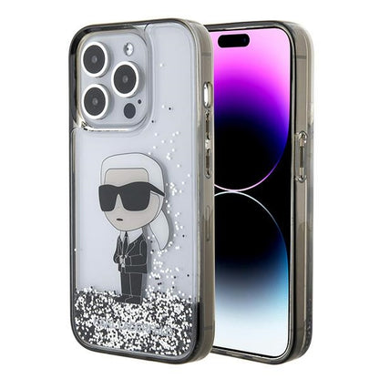 Kotelo Apple iPhone 15 Prolle, Karl Lagerfeld, Liquid Glitter Ikonik Karl, Läpinäkyvä