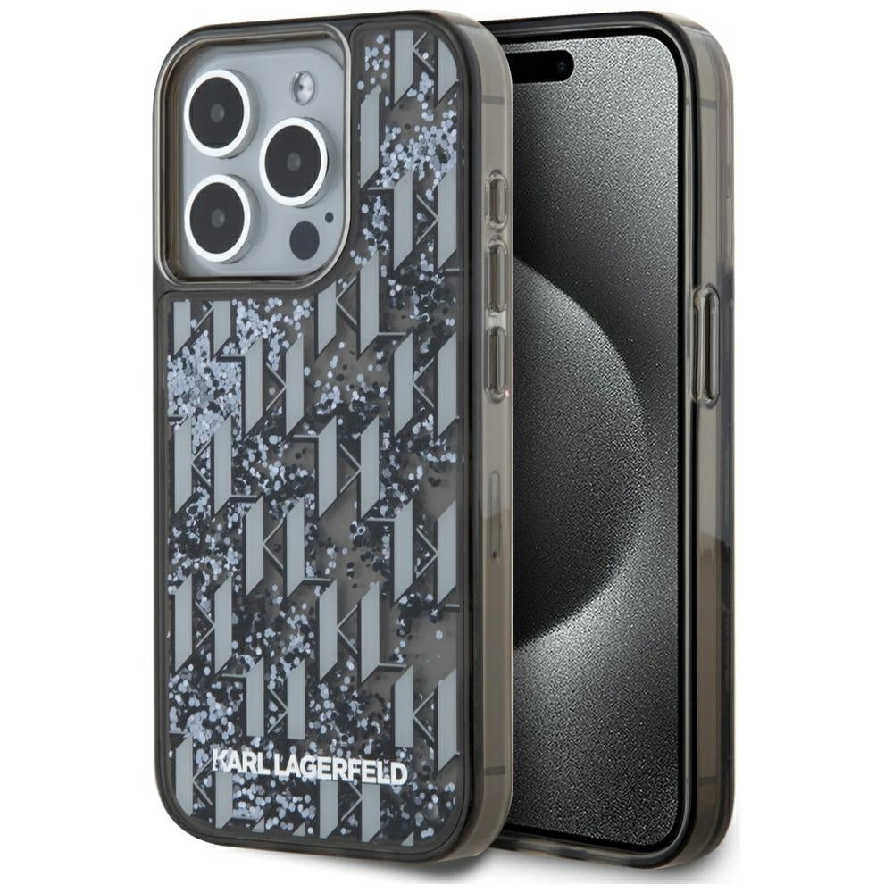 Suojakotelo Apple iPhone 15 Prolle, Karl Lagerfeld, Liquid Glitter Monogram, Musta
