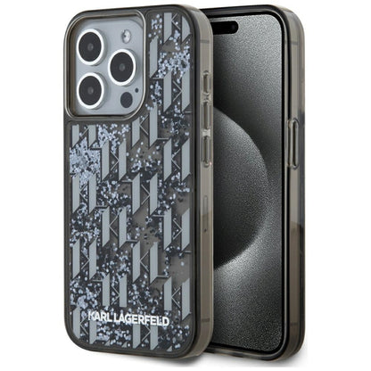 Suojakotelo Apple iPhone 15 Prolle, Karl Lagerfeld, Liquid Glitter Monogram, Musta