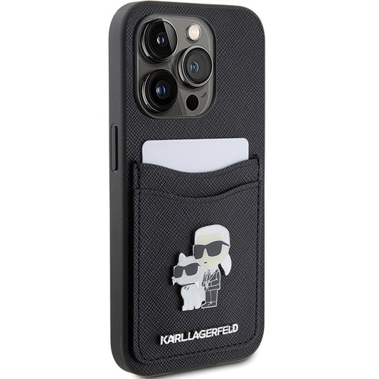 Suojakotelo Apple iPhone 15 Prolle, Karl Lagerfeld, Saffiano Card Slot Metal Karl & Choupette, Musta