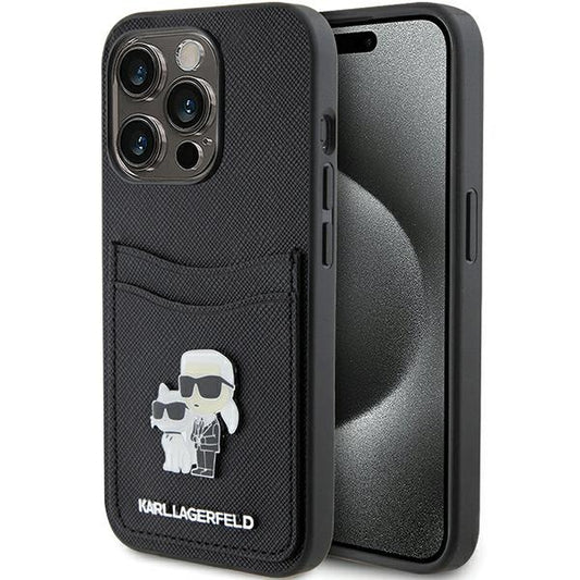 Suojakotelo Apple iPhone 15 Prolle, Karl Lagerfeld, Saffiano Card Slot Metal Karl & Choupette, Musta