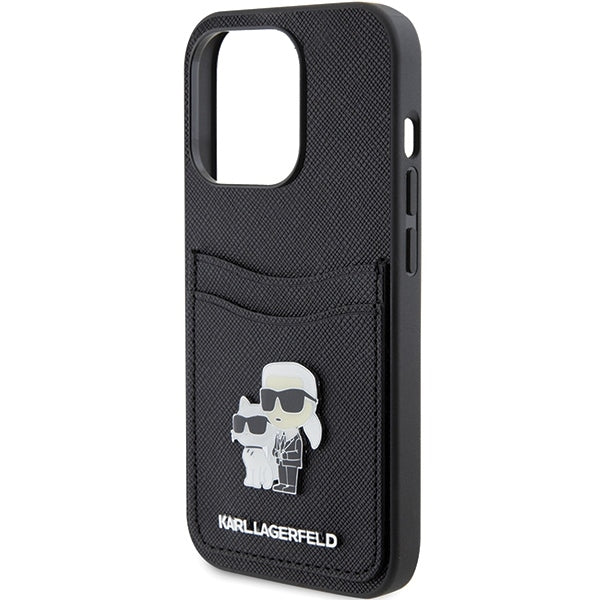 Suojakotelo Apple iPhone 15 Prolle, Karl Lagerfeld, Saffiano Card Slot Metal Karl & Choupette, Musta