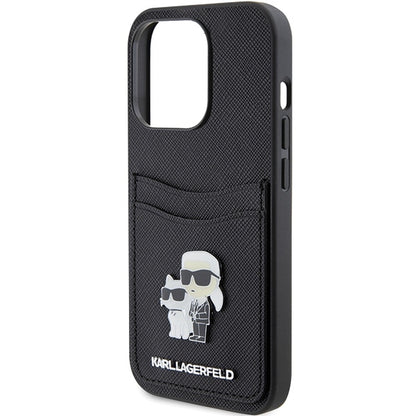 Suojakotelo Apple iPhone 15 Prolle, Karl Lagerfeld, Saffiano Card Slot Metal Karl & Choupette, Musta