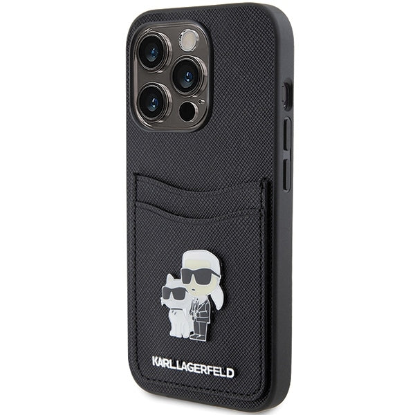 Suojakotelo Apple iPhone 15 Prolle, Karl Lagerfeld, Saffiano Card Slot Metal Karl & Choupette, Musta