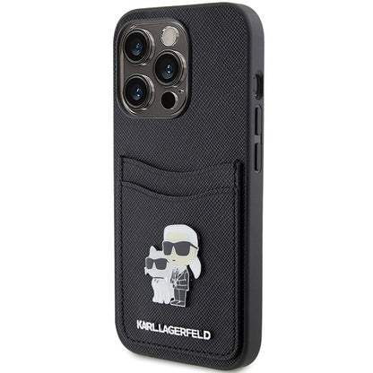Suojakotelo Apple iPhone 15 Prolle, Karl Lagerfeld, Saffiano Card Slot Metal Karl & Choupette, Musta
