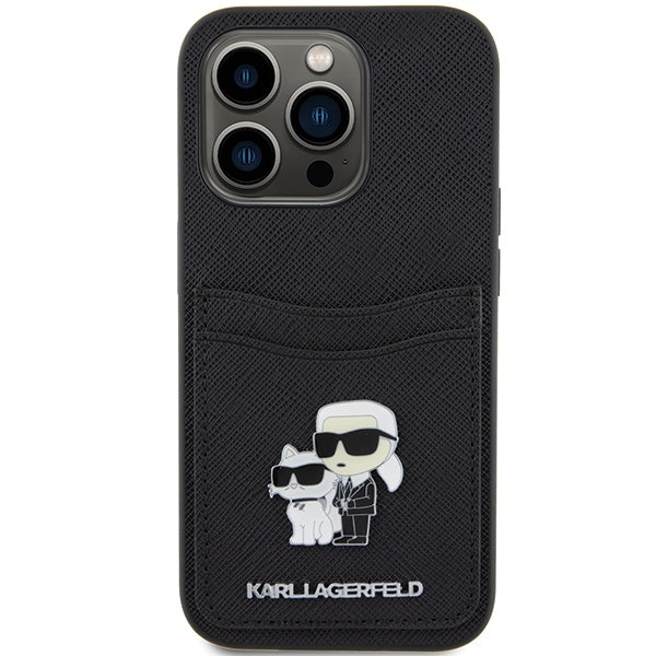 Suojakotelo Apple iPhone 15 Prolle, Karl Lagerfeld, Saffiano Card Slot Metal Karl & Choupette, Musta