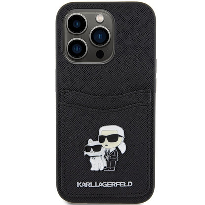 Suojakotelo Apple iPhone 15 Prolle, Karl Lagerfeld, Saffiano Card Slot Metal Karl & Choupette, Musta