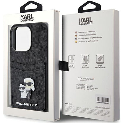 Suojakotelo Apple iPhone 15 Prolle, Karl Lagerfeld, Saffiano Card Slot Metal Karl & Choupette, Musta
