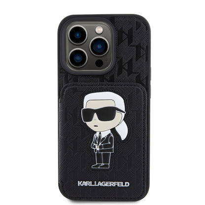 Suojakotelo Apple iPhone 15 Prolle, Karl Lagerfeld, Saffiano-korttipaikat ja teline Monogram Ikonik Karl, Musta