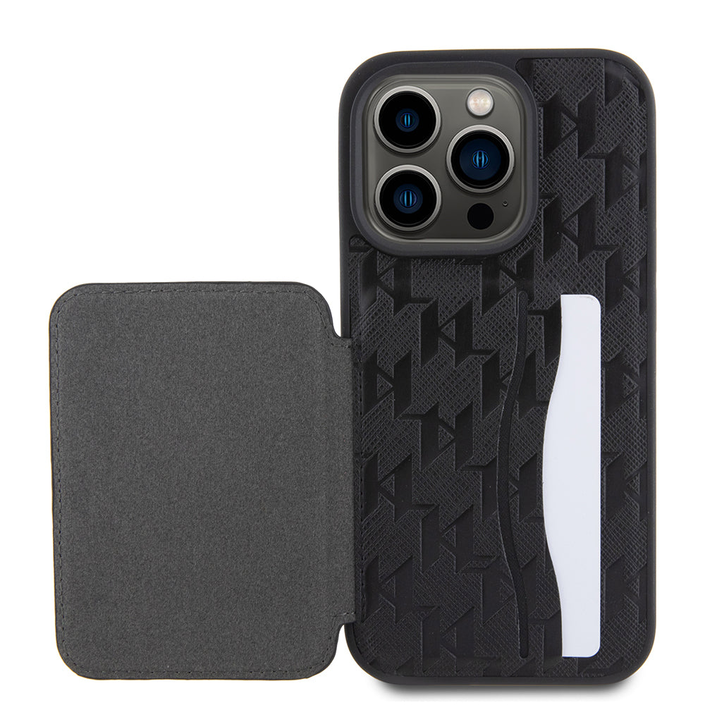 Suojakotelo Apple iPhone 15 Prolle, Karl Lagerfeld, Saffiano-korttipaikat ja teline Monogram Ikonik Karl, Musta