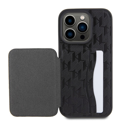 Suojakotelo Apple iPhone 15 Prolle, Karl Lagerfeld, Saffiano-korttipaikat ja teline Monogram Ikonik Karl, Musta