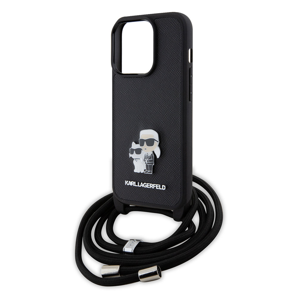 Suojakotelo Apple iPhone 15 Prolle, Karl Lagerfeld, Saffiano Crossbody Metal Pin Karl & Choupette, Musta