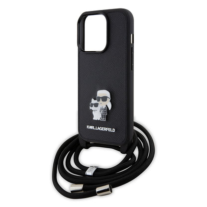 Suojakotelo Apple iPhone 15 Prolle, Karl Lagerfeld, Saffiano Crossbody Metal Pin Karl & Choupette, Musta