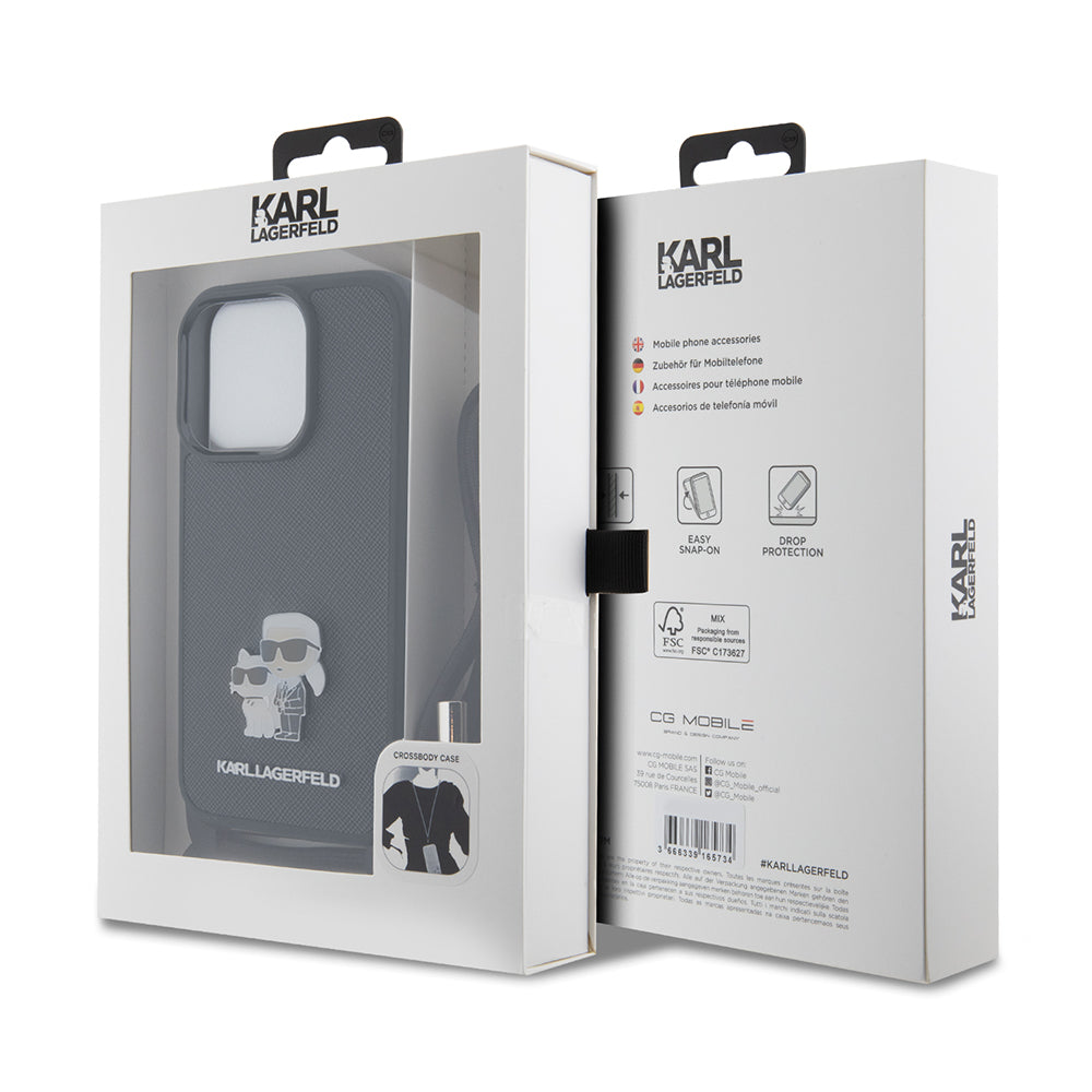Suojakotelo Apple iPhone 15 Prolle, Karl Lagerfeld, Saffiano Crossbody Metal Pin Karl & Choupette, Musta