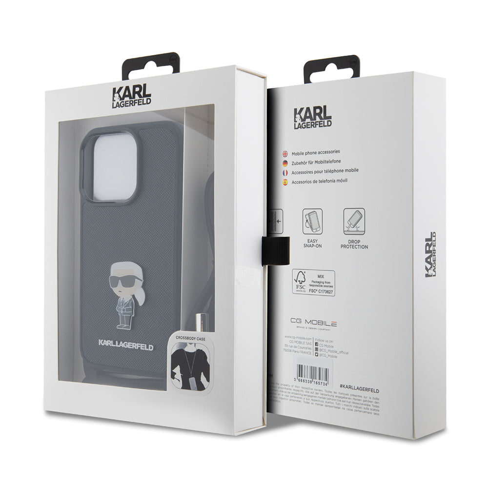 Suojakotelo Apple iPhone 15 Prolle, Karl Lagerfeld, Saffiano Crossbody Monogram Metal Pin Karl, Musta