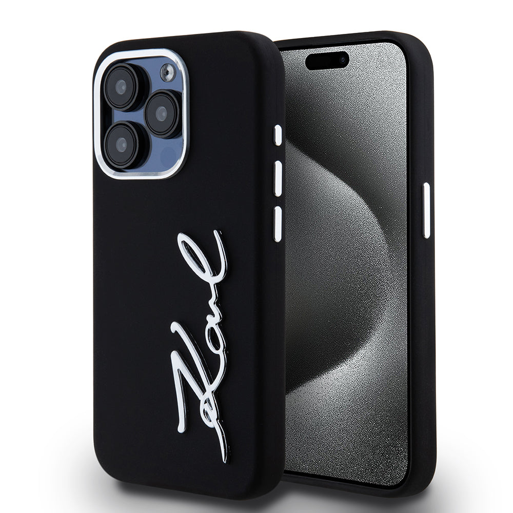 Kotelo Apple iPhone 15 Prolle, Karl Lagerfeld, Silikoni Metalli Script Logo, Musta