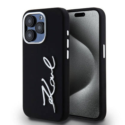 Kotelo Apple iPhone 15 Prolle, Karl Lagerfeld, Silikoni Metalli Script Logo, Musta