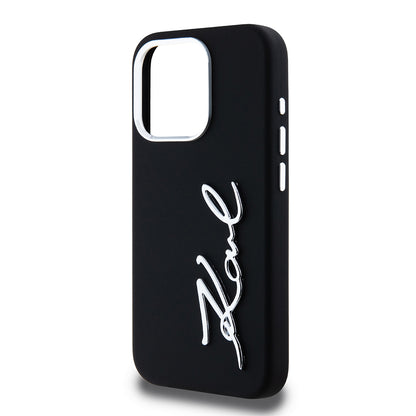 Kotelo Apple iPhone 15 Prolle, Karl Lagerfeld, Silikoni Metalli Script Logo, Musta