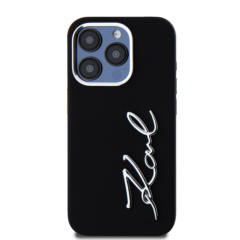 Kotelo Apple iPhone 15 Prolle, Karl Lagerfeld, Silikoni Metalli Script Logo, Musta