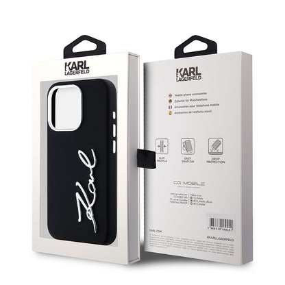 Kotelo Apple iPhone 15 Prolle, Karl Lagerfeld, Silikoni Metalli Script Logo, Musta