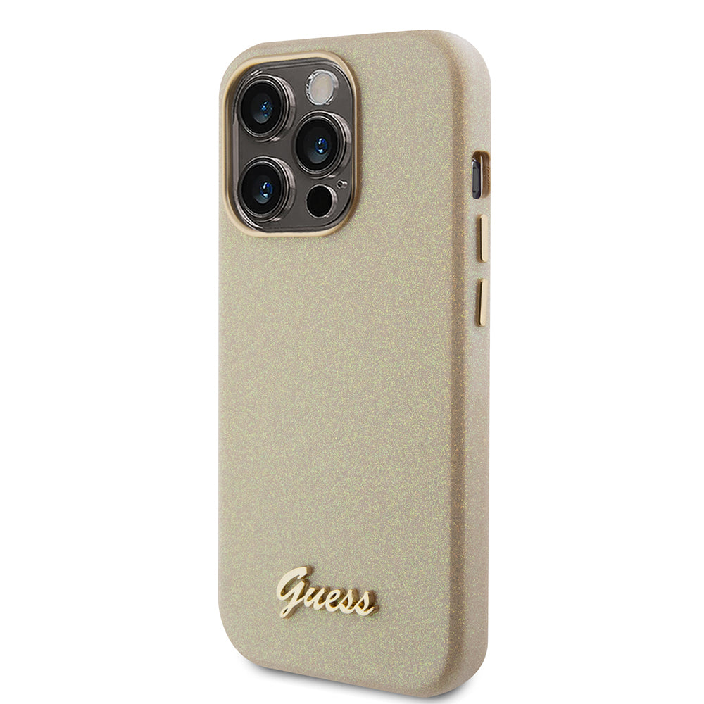 Kotelo Apple iPhone 15 Pro Maxille, Guess, Glitter Glossy Script, Beige