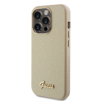 Kotelo Apple iPhone 15 Pro Maxille, Guess, Glitter Glossy Script, Beige