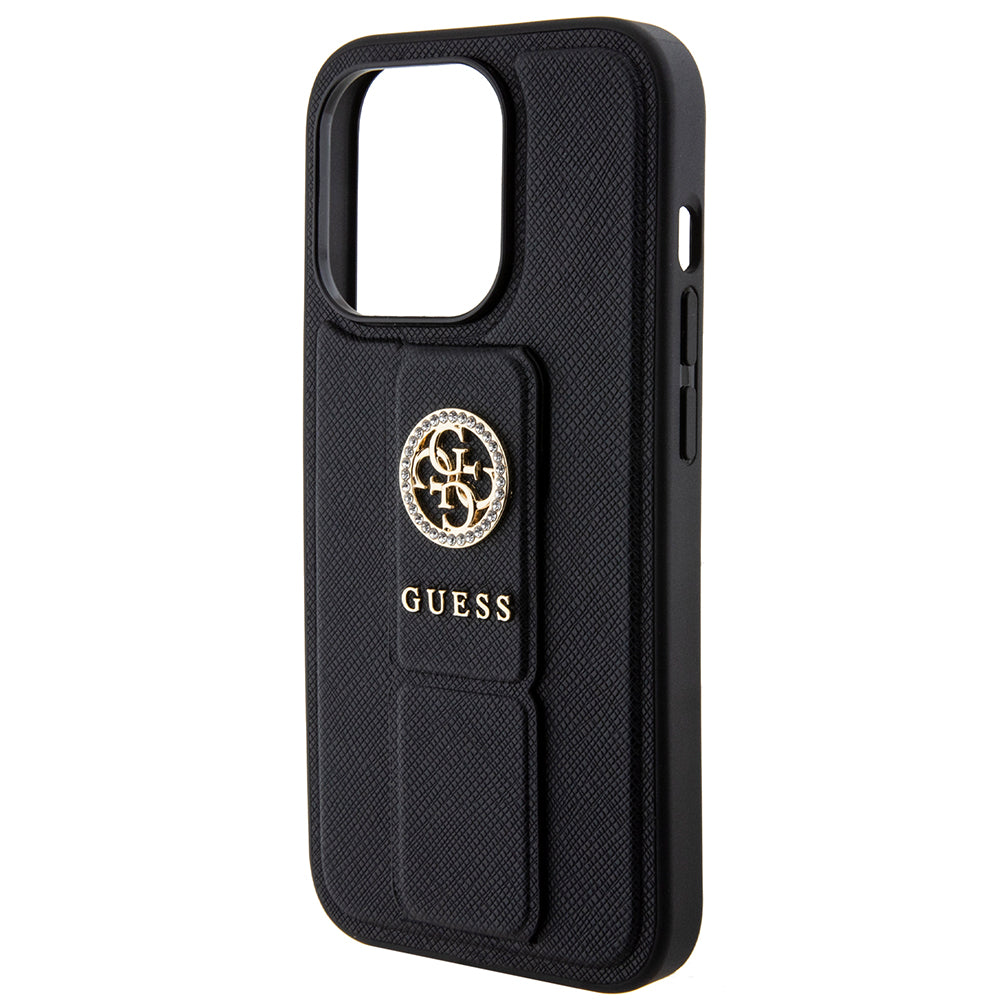 Kotelo Apple iPhone 15 Pro Maxille, Guess, Grip Stand 4G Saffiano Strass, Musta