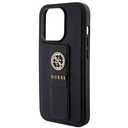 Kotelo Apple iPhone 15 Pro Maxille, Guess, Grip Stand 4G Saffiano Strass, Musta