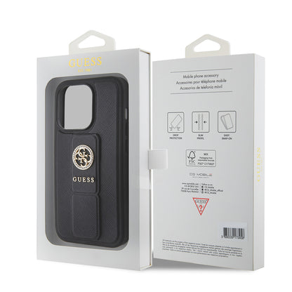 Kotelo Apple iPhone 15 Pro Maxille, Guess, Grip Stand 4G Saffiano Strass, Musta